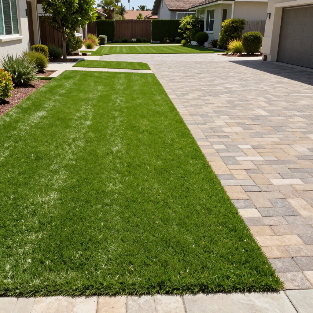 Green lawn next to brick driveway, leading to a house. Sunny day, well-kept landscaping.
