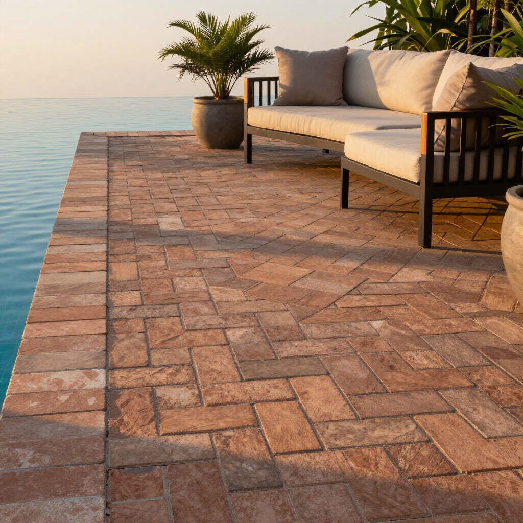 Brick patio with a pool and seating area with beige cushions and two potted plants.
