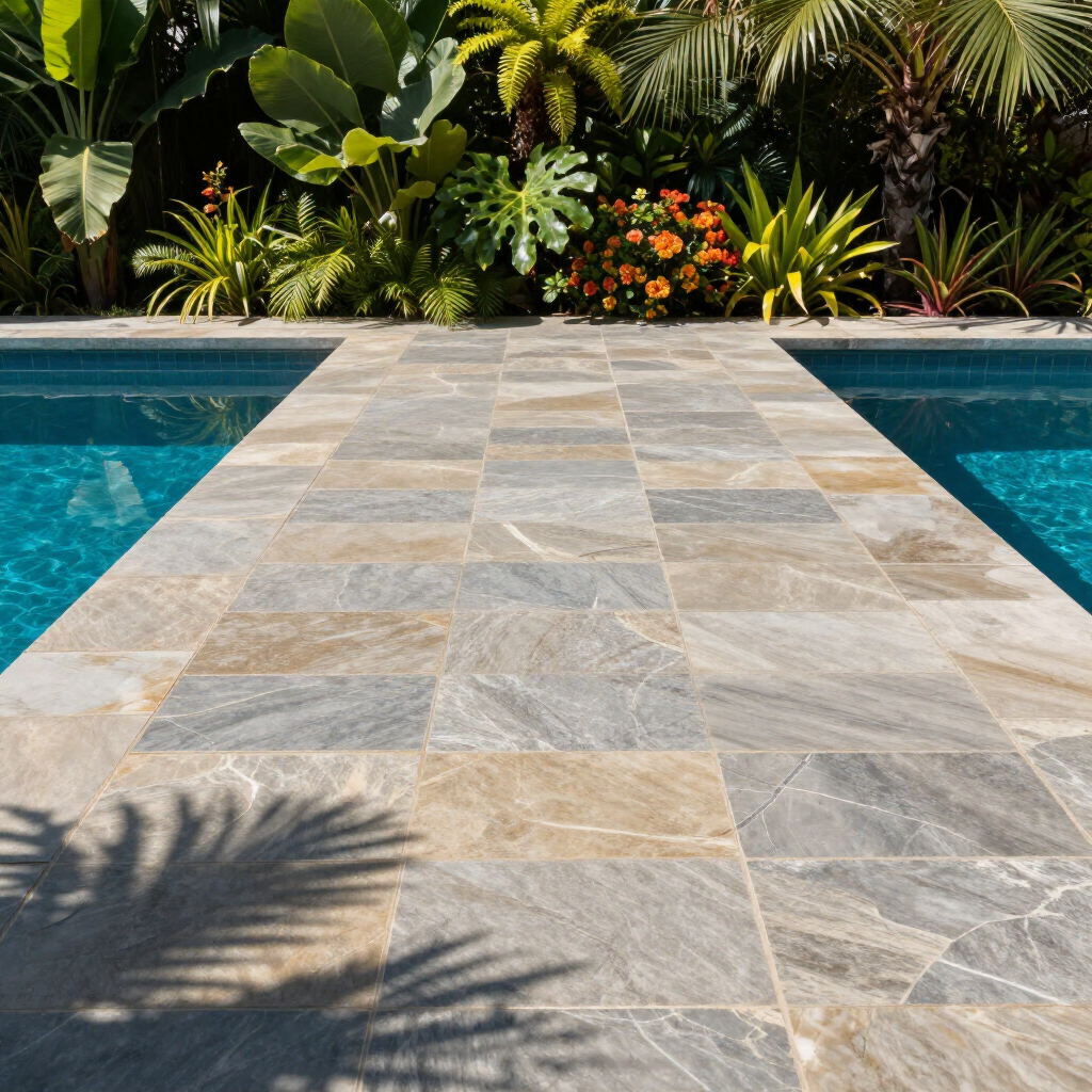 Stone pathway over a blue swimming pool, leading to lush tropical foliage.
