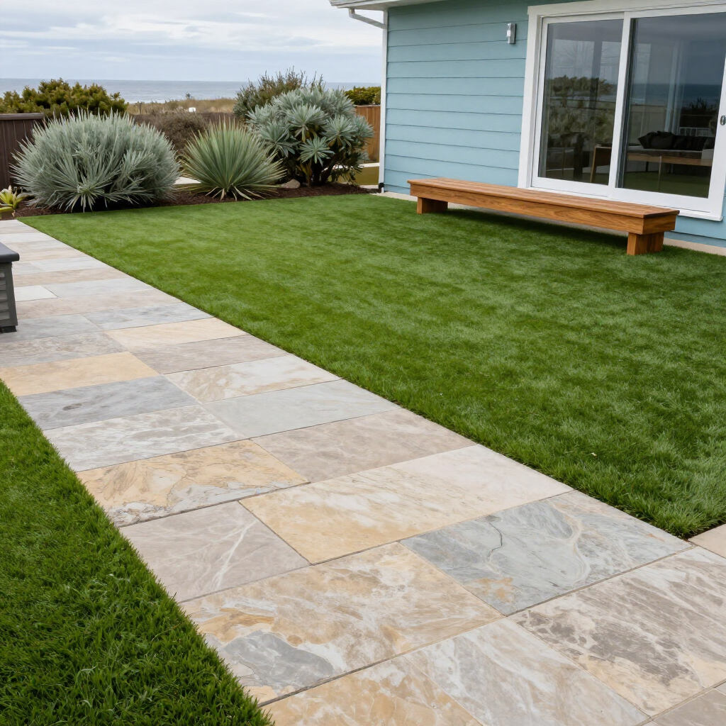 Stone pathway through green grass to a blue house with a wood bench and ocean view.