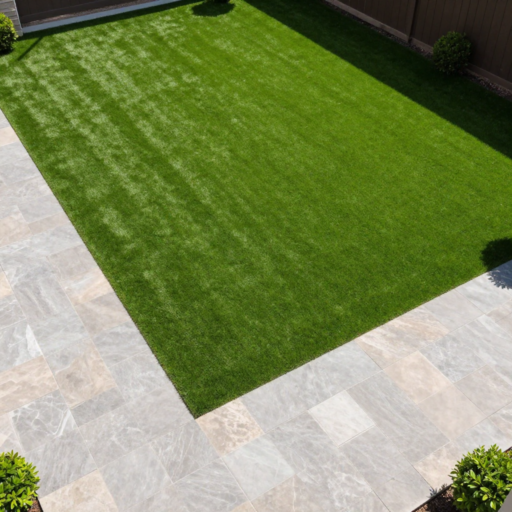 Overhead view of a rectangular green artificial lawn bordered by light gray stone tiles.