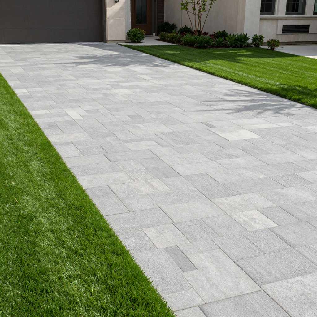 Gray brick driveway bordered by green grass leading to a house.