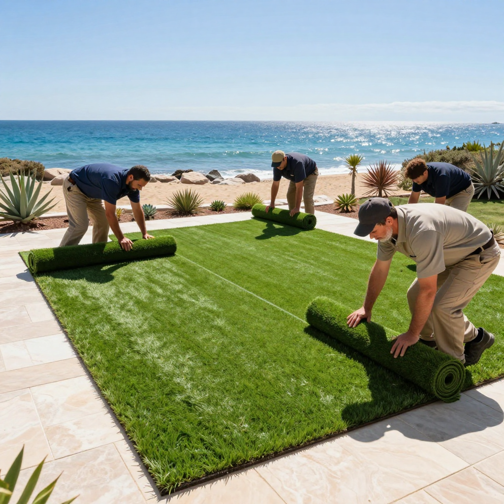 Four workers unroll artificial turf on a patio near the ocean. Bright sunlight and blue water in background.