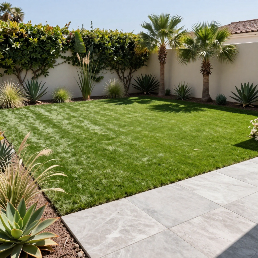 A lush green backyard with a lawn, palm trees, and a stone patio. White walls and various plants border the space.