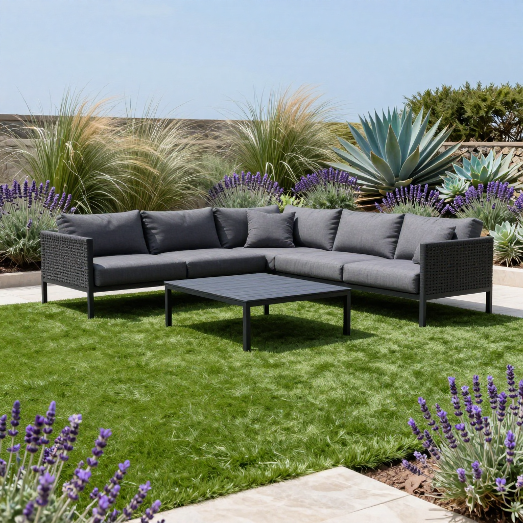 Outdoor sectional sofa and coffee table on a grassy lawn surrounded by landscaping.