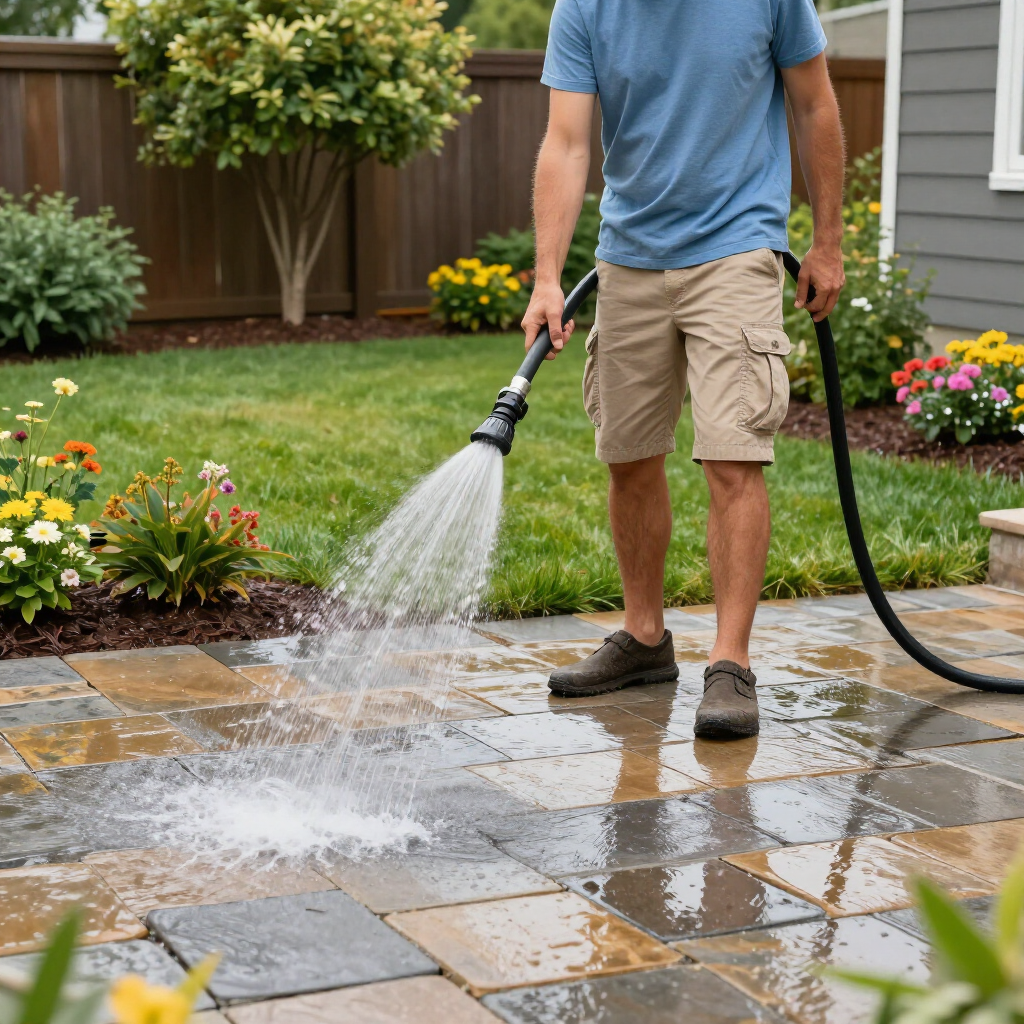 Man waters a paved patio with a garden hose, near a lawn and flower beds.