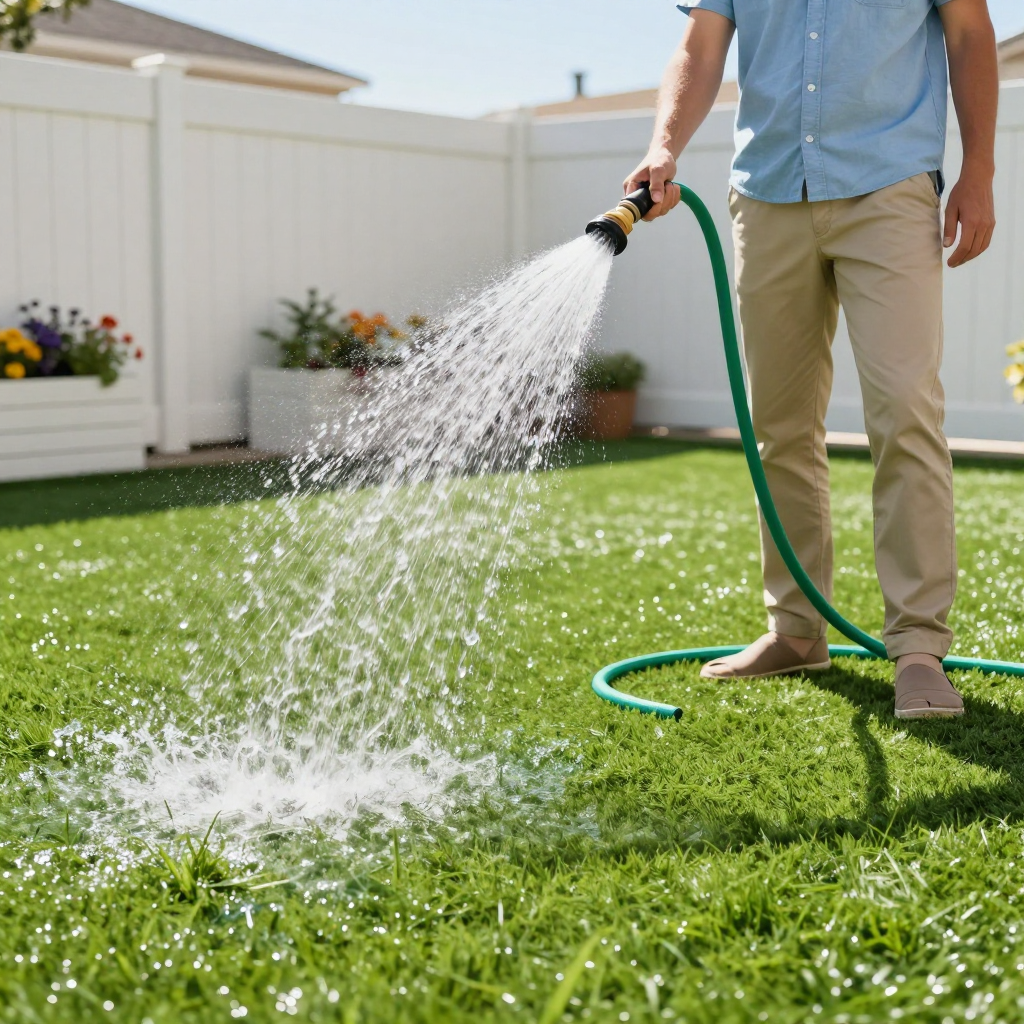 Person waters green grass with a hose in a sunny backyard.