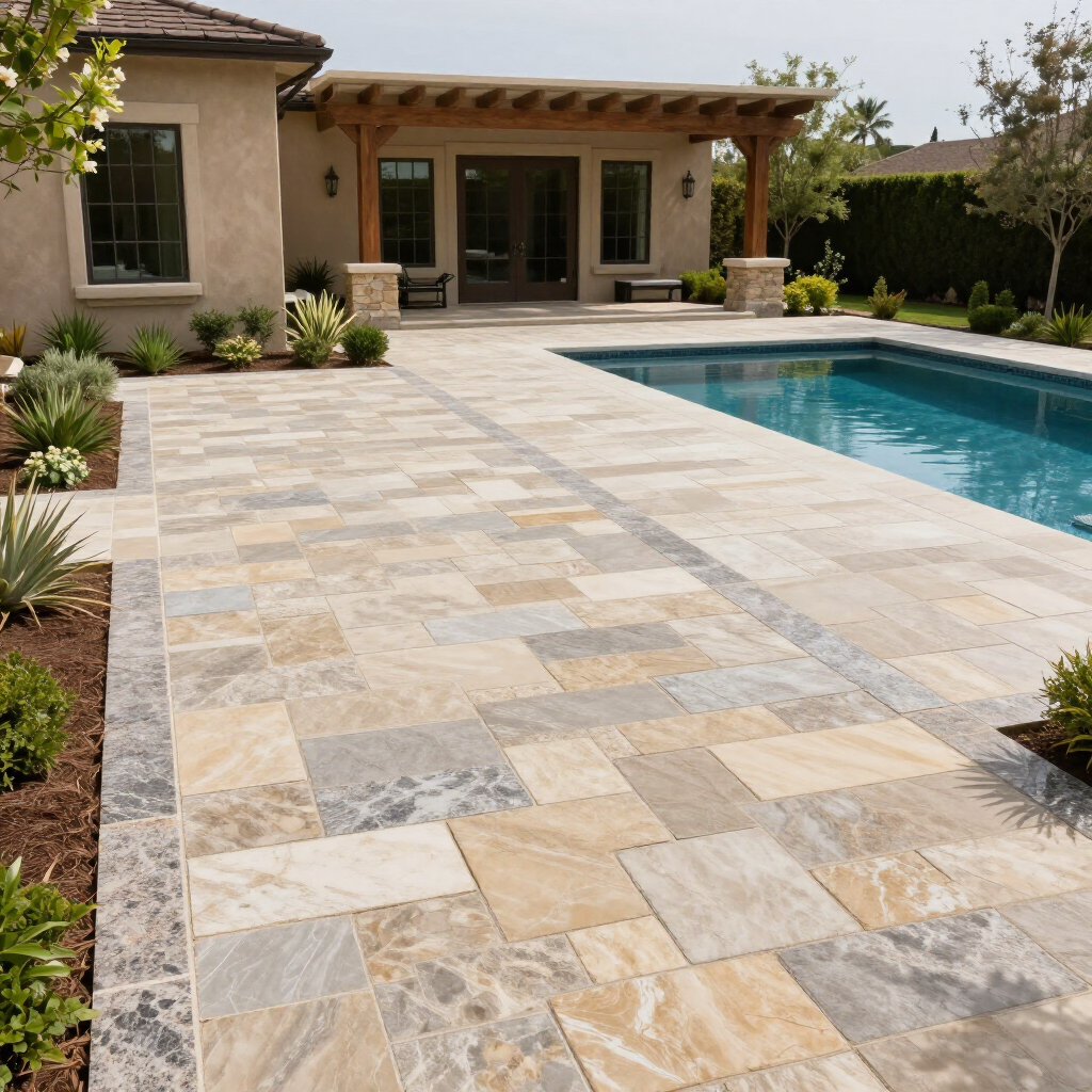 Backyard patio with stone pavers and pool. Beige house with wooden pergola.