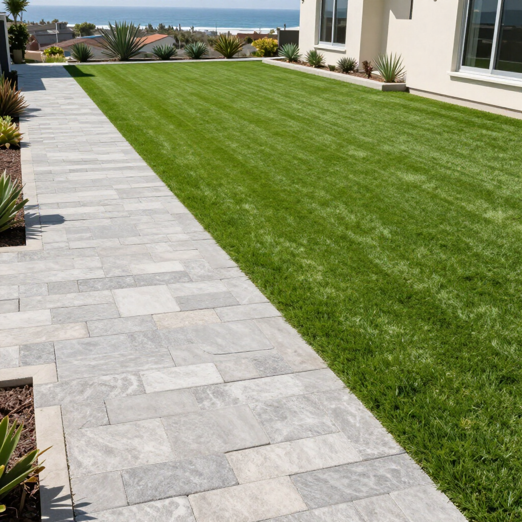 Stone walkway next to green lawn, house on the right, ocean visible in the distance.