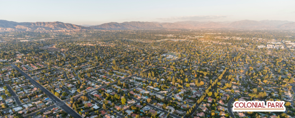 Aerial view of a residential neighborhood in Northridge, Los Angeles, California,