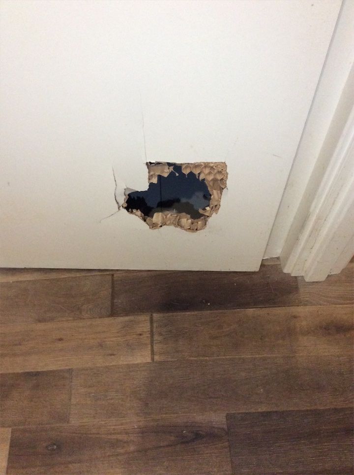 Hole to bathroom door panel – significant damage recorded at check-out