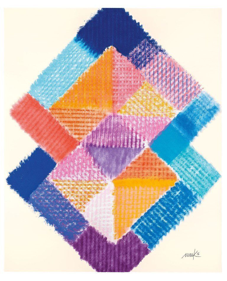 Ein Gemälde einer rautenförmigen Steppdecke mit violetten, orangen und blauen Quadraten