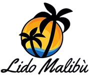 Lido Malibu logo with black palm trees over a sunset circle in orange, yellow, and blue