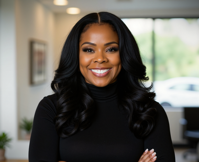 Woman with dark hair smiles, arms crossed, in a black turtleneck. Interior, natural light.
