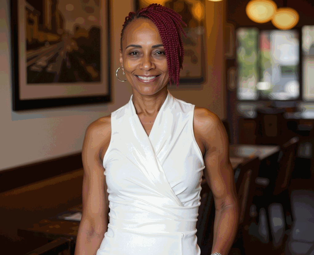 Woman in white top, smiling, with red braided hair, in a restaurant setting.
