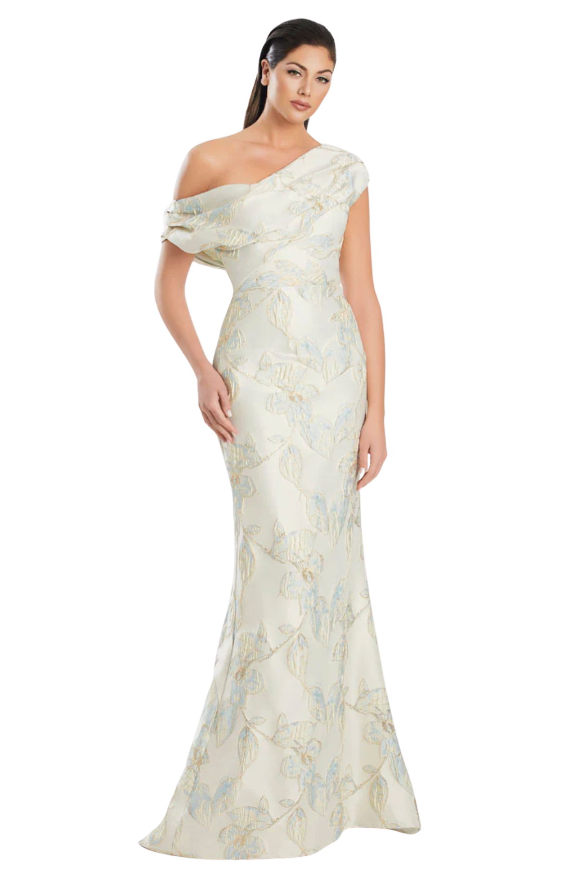 Woman in a light blue one-shoulder gown with ruffled shoulder detail, standing against a white background.