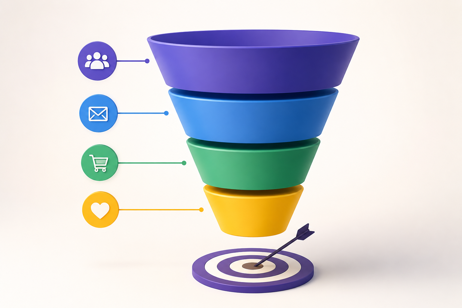 Colorful funnel graphic with icons, narrowing toward a target with an arrow