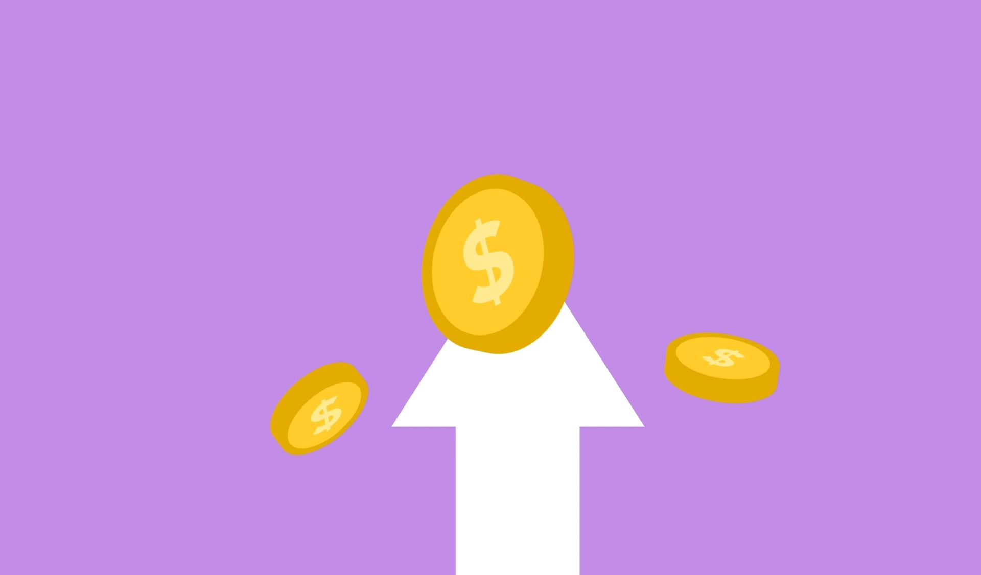 White upward arrow with gold coins on a purple background, suggesting financial growth