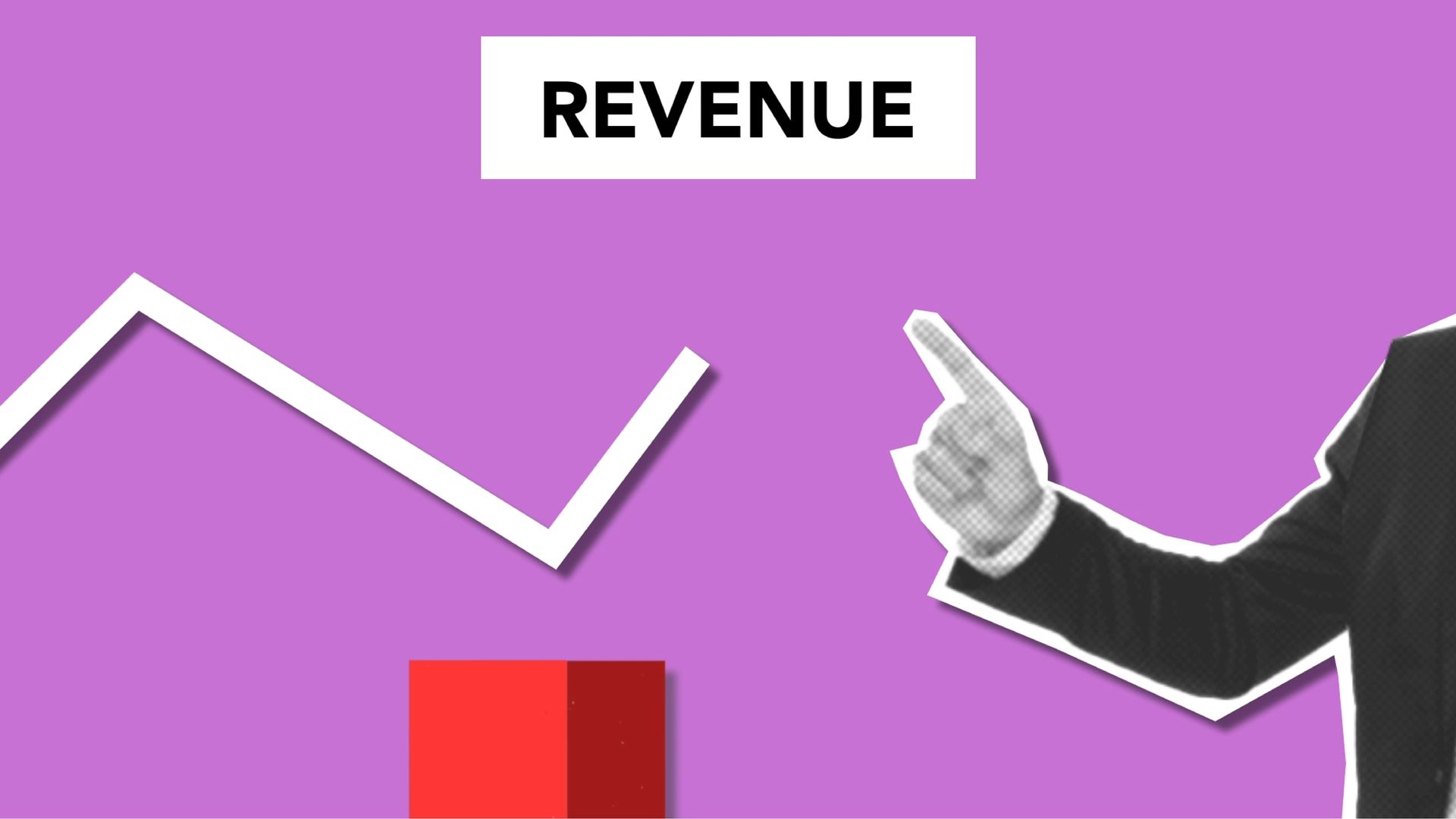 Purple revenue chart with a white line graph, red bar, and a suited hand pointing upward