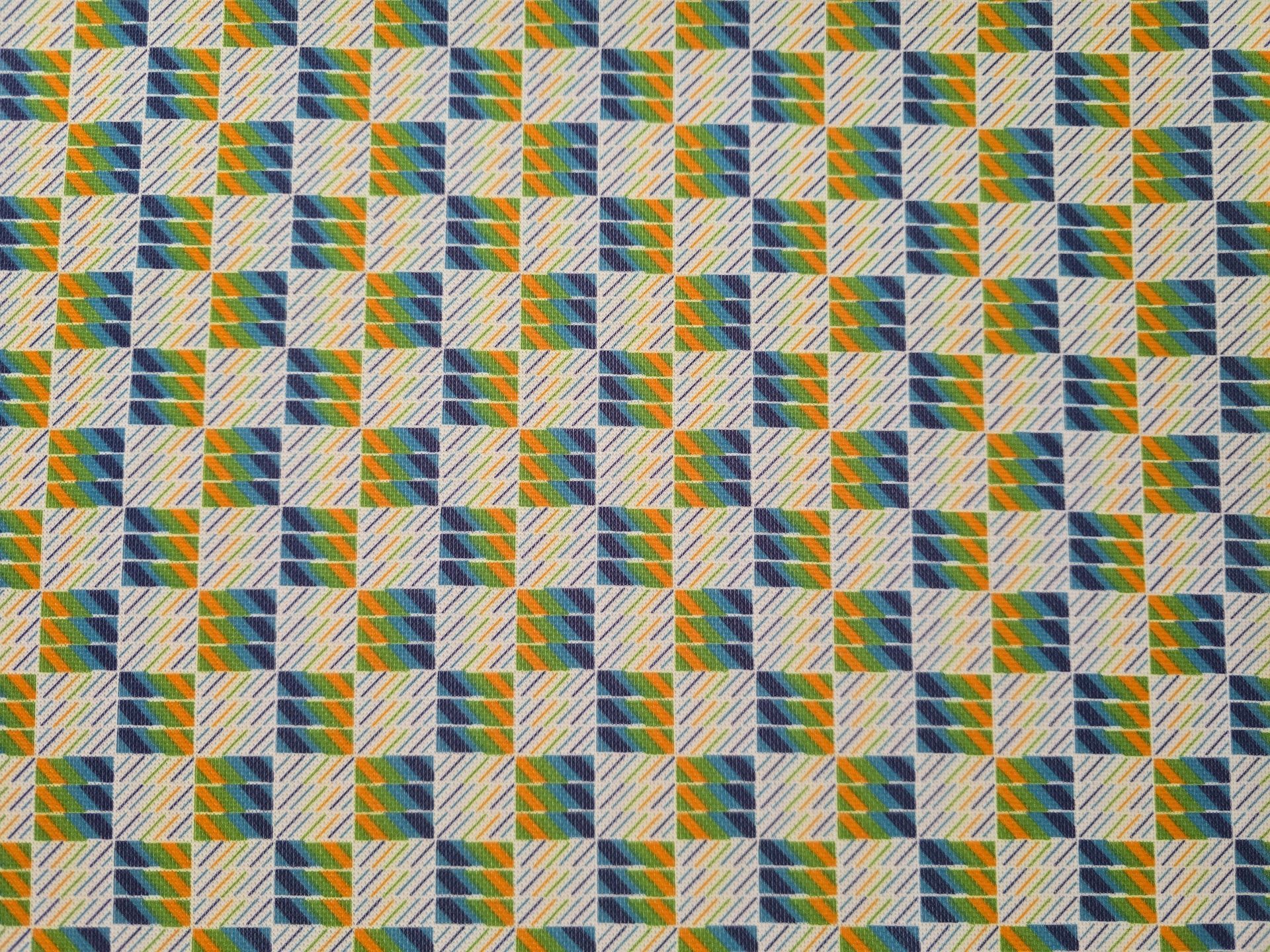 Trevira 2000 blauw met groen en gele vierkantjes
