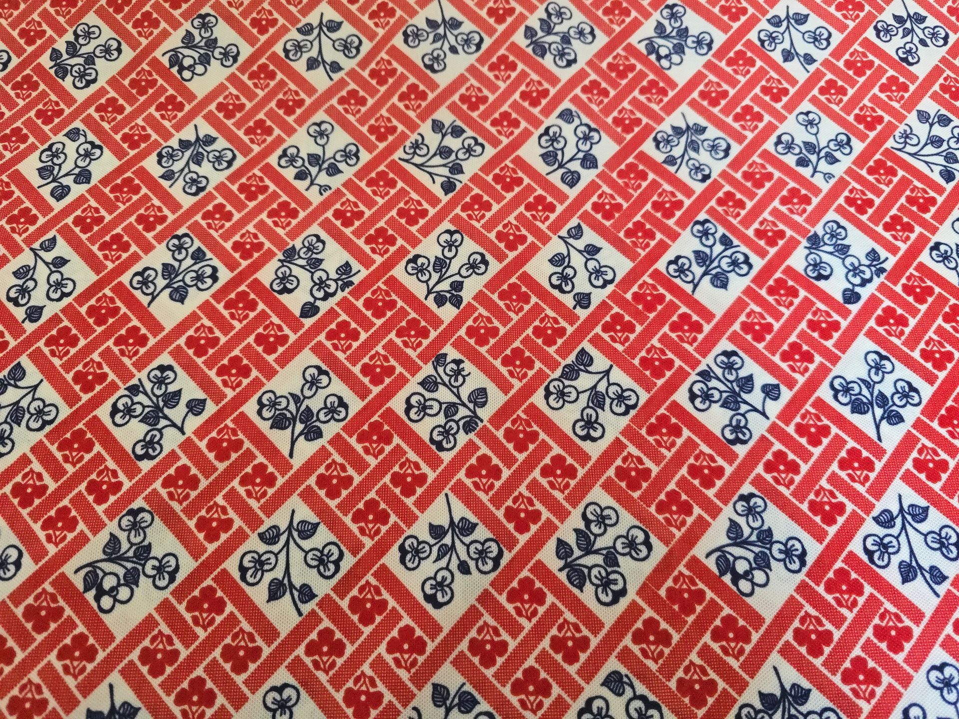 Trevira 2000 Rood wit blauw ruitjes en bloemetjes patroon