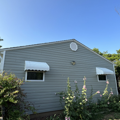 A side view of a light green house with two windows featuring white scalloped awnings and tall hollyhocks in the foreground.
