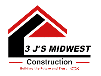 Logo for 3 J's Midwest Construction with a red and black house outline, black text, and a fish symbol.