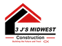 Logo for 3 J's Midwest Construction with a red and black house outline, black text, and a fish symbol.