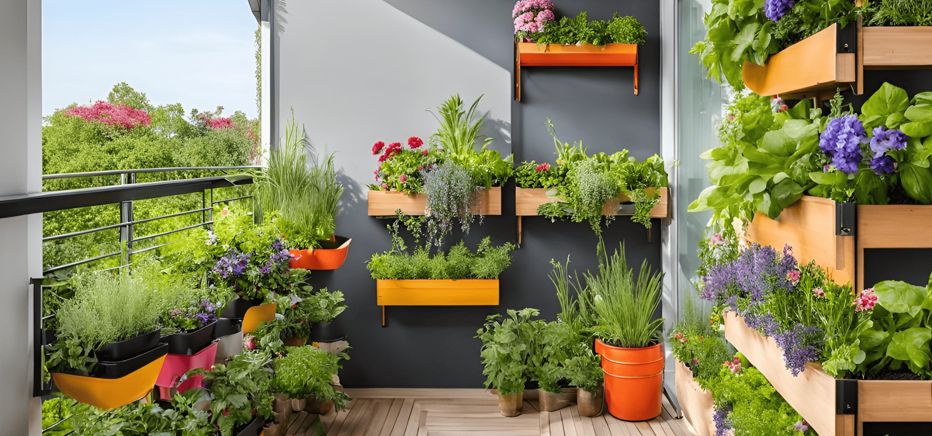 A balcony garden with lots of wall-mounted planters and container plants