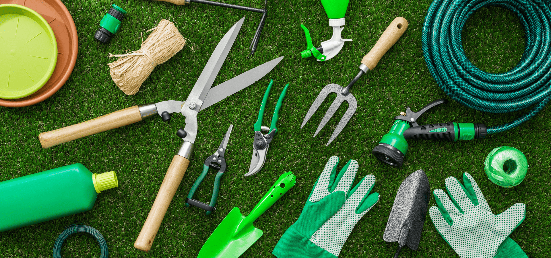 A collection of various landscaping tools from the warehouse of Louisville Landscape Pros