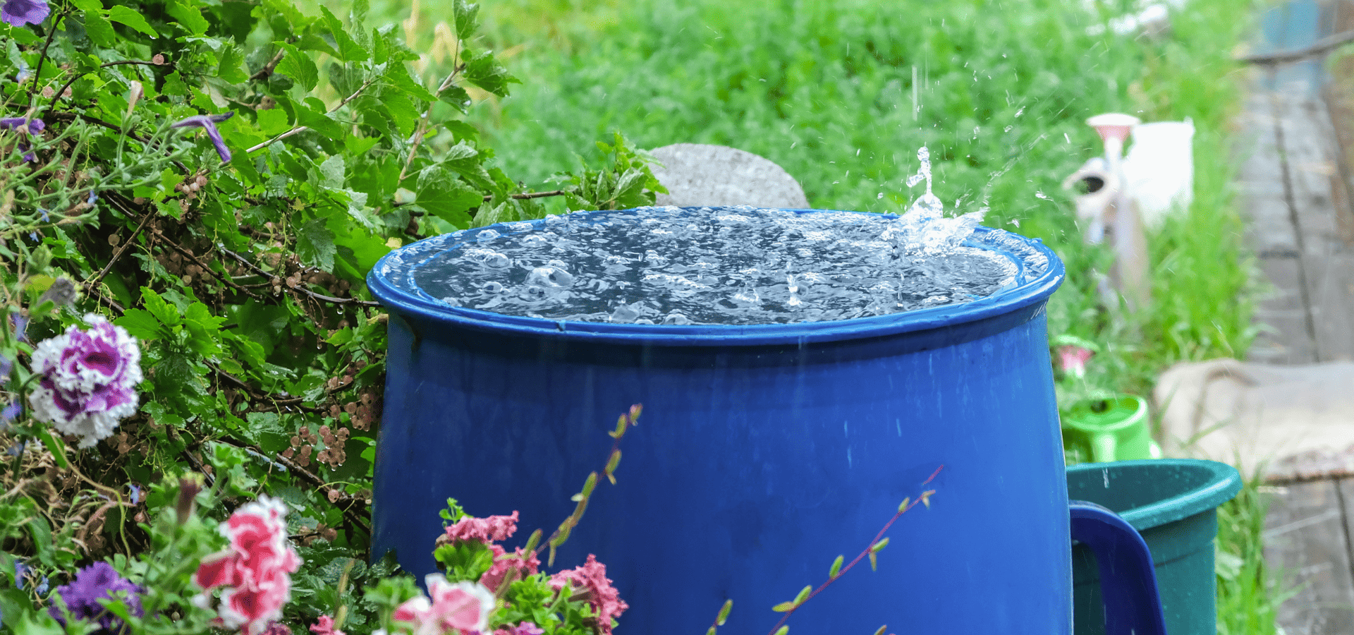 Large barrel overflowing with rainwater in a garden