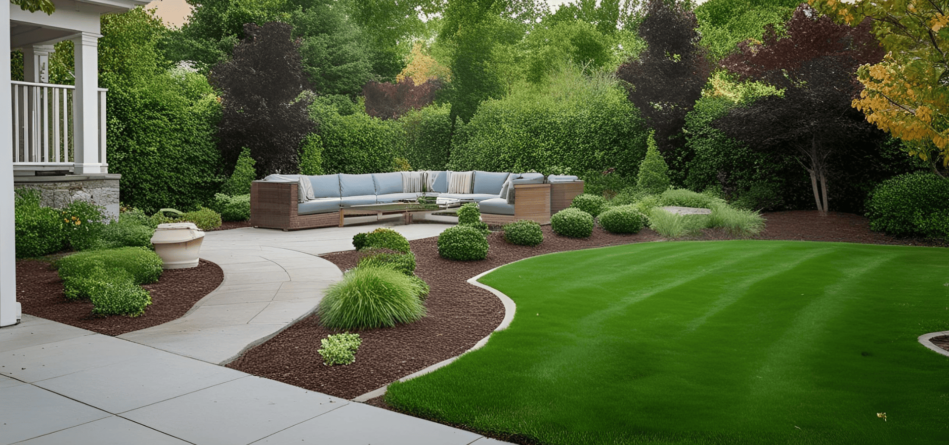 Low-maintenance rental property landscape with an artificial turf and native plants