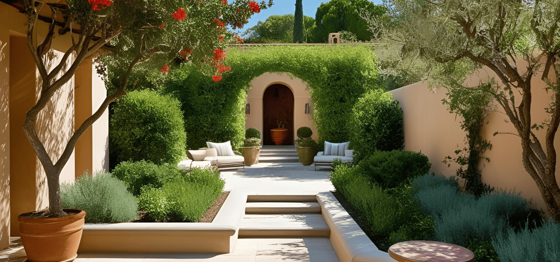 A Mediterranean landscape with an outdoor sofa