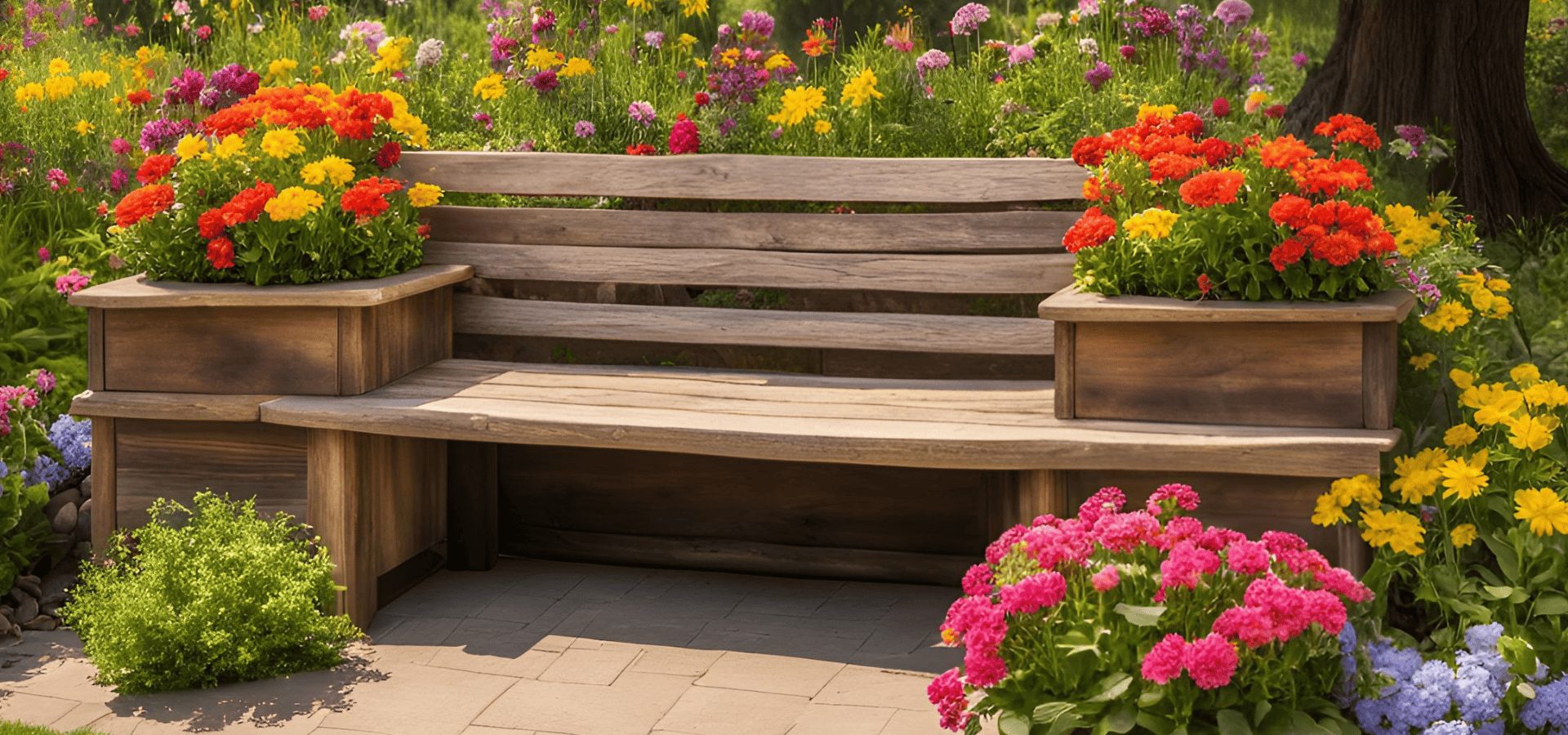 Planter bench with a square area on each end for growing plants