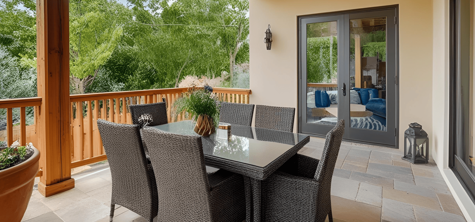 A sheltered patio in a rental property with an outdoor dining set featuring a glass tabletop