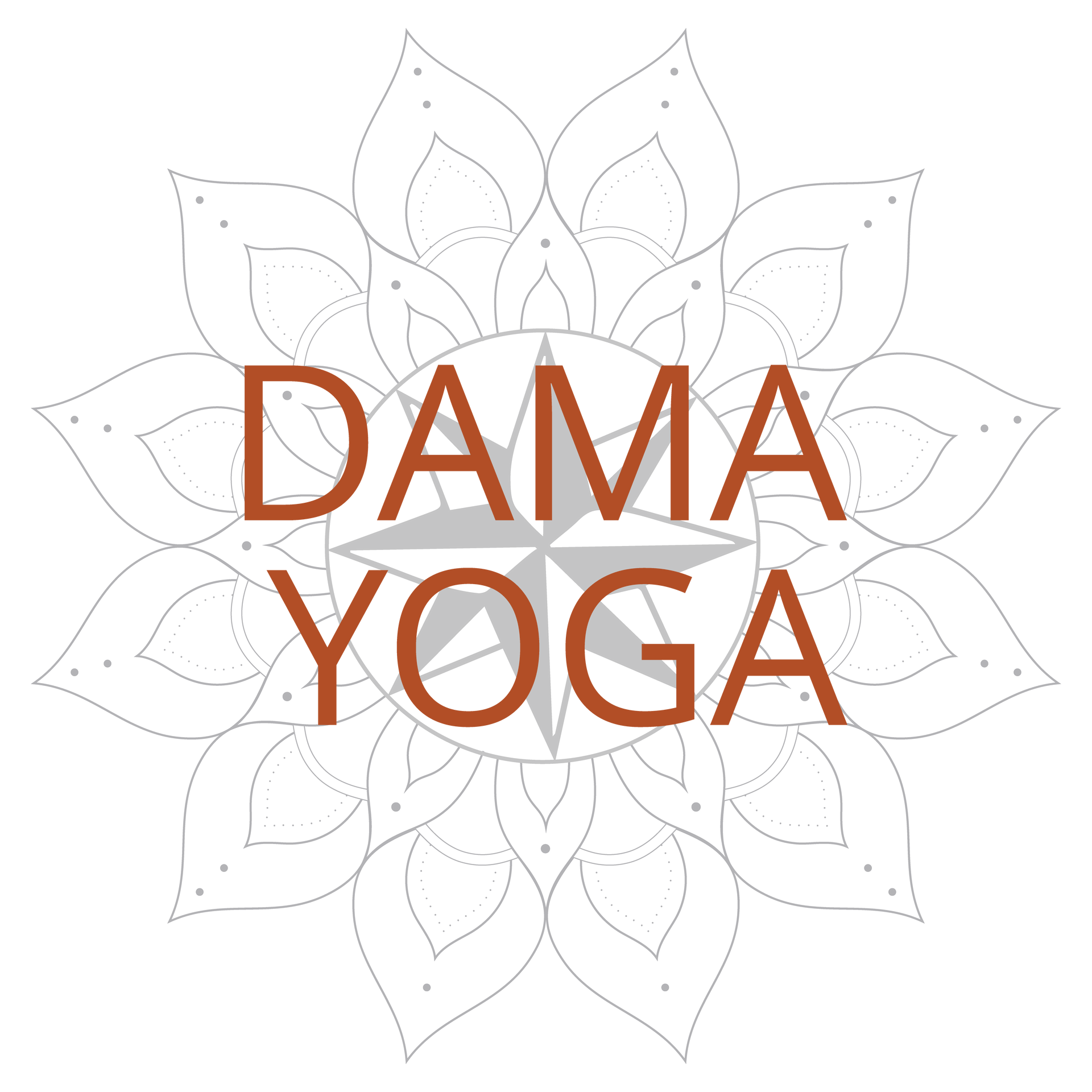 Logo pour Dama Yoga : texte en marron, superposé sur un motif de mandala gris.