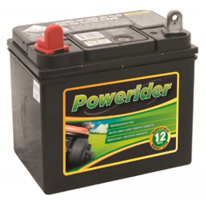 A powerrider battery with a picture of a lawn mower on the label