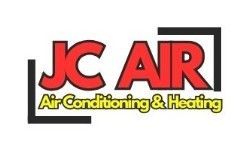 Logo for JC Air, a company providing air conditioning and heating services. Features red text with black outline and yellow text at the bottom.