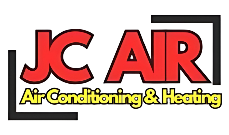 JC AIR logo, red letters, black outlines, enclosed in a black square with 