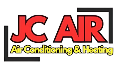 JC AIR logo, red letters, black outlines, enclosed in a black square with 