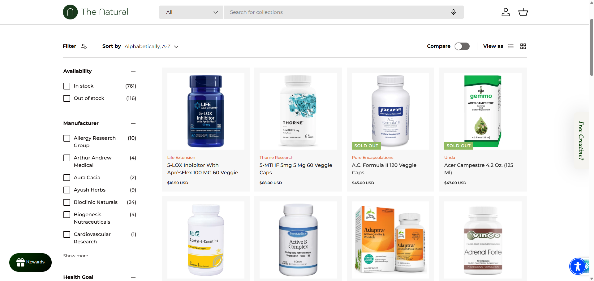 The Natural Shopify store: product discovery