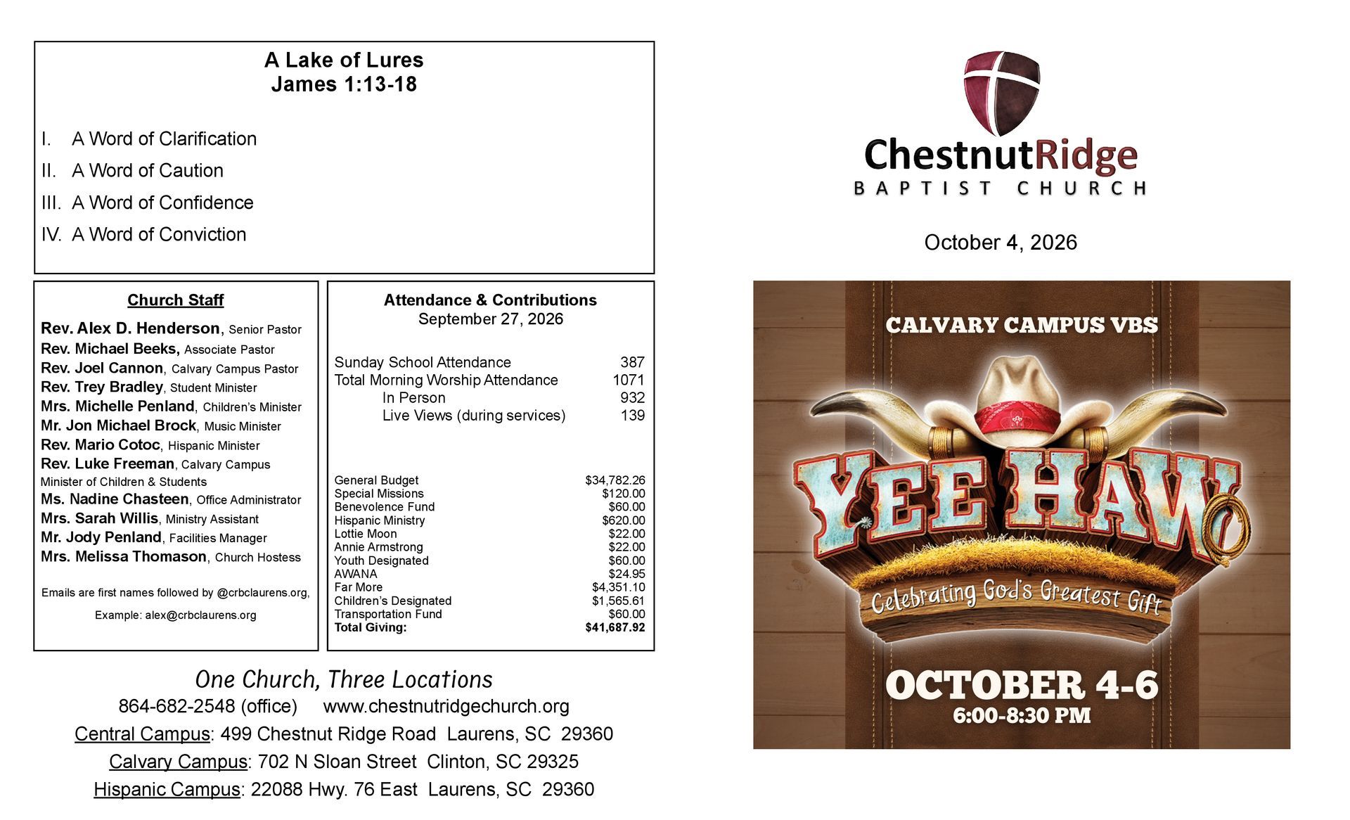 A brochure for chestnut ridge baptist church shows a large group of people