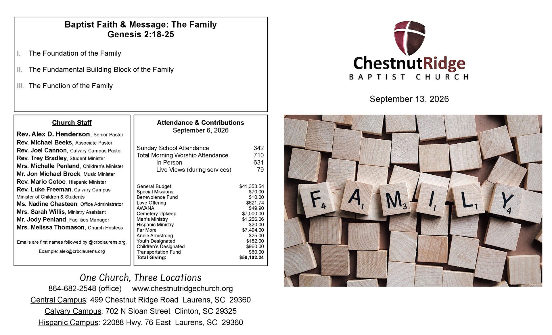 A brochure for chestnut ridge baptist church shows a large group of people