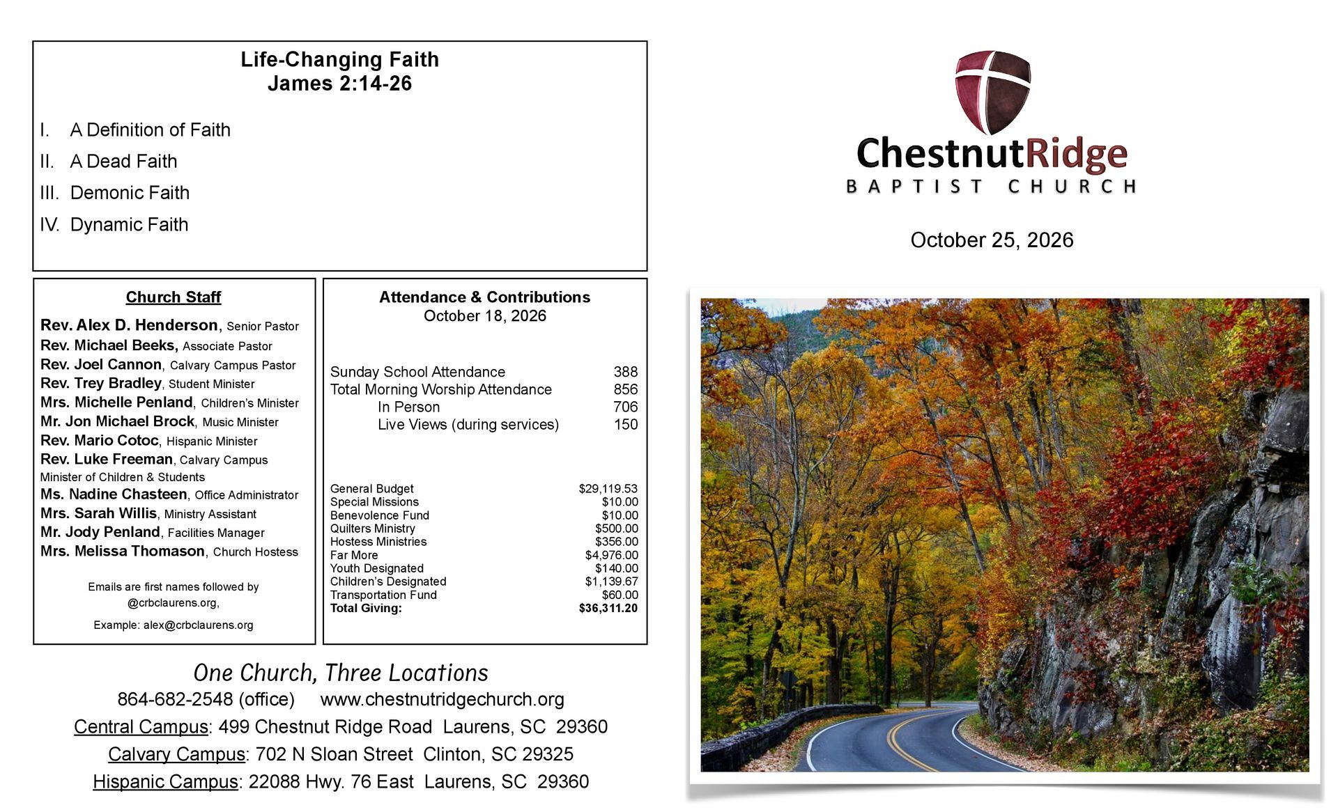 A brochure for chestnut ridge baptist church shows a large group of people