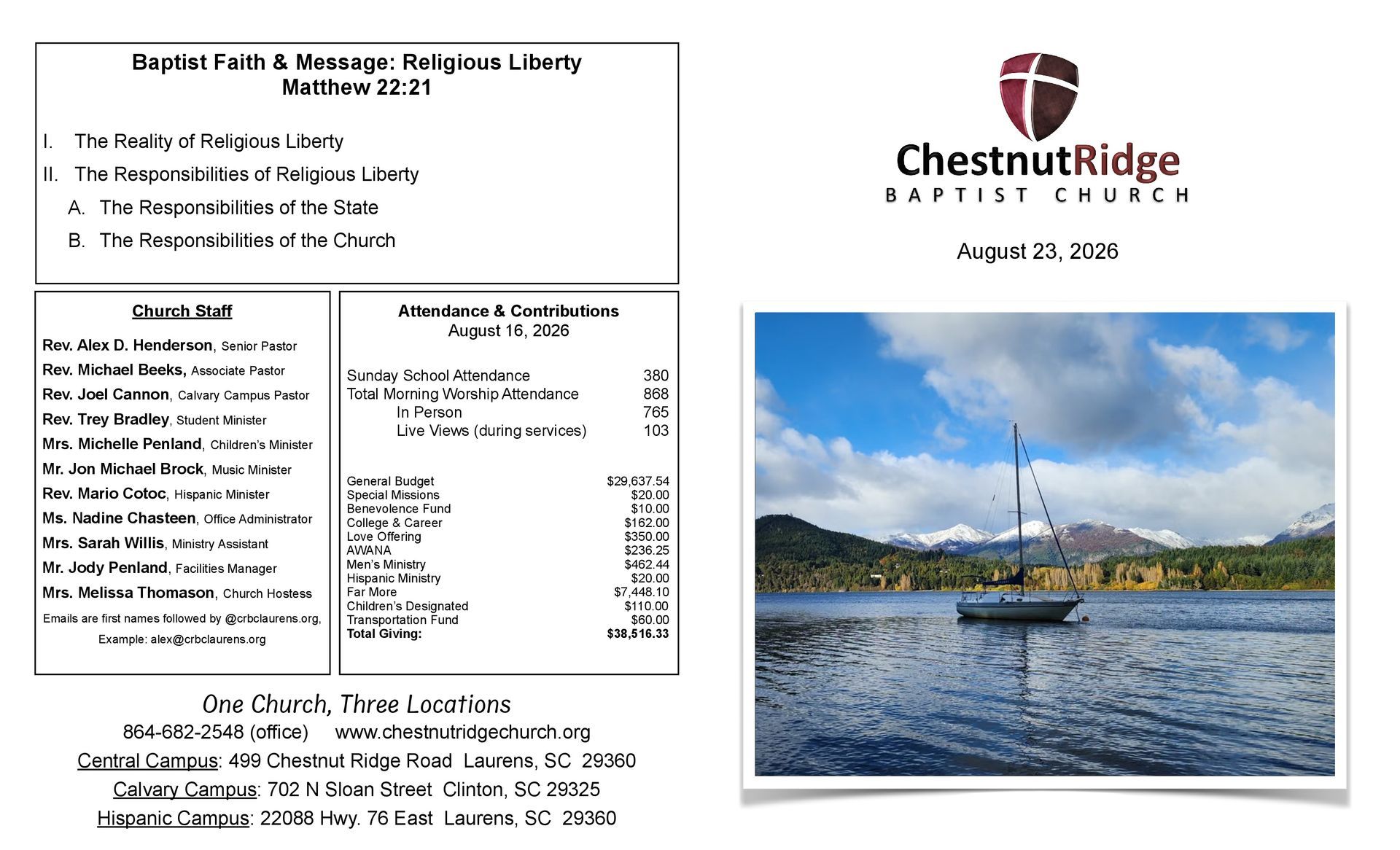 A brochure for chestnut ridge baptist church shows a large group of people