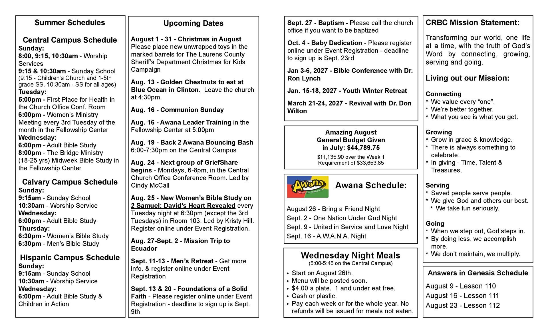 A brochure for a school with a summer event schedule.