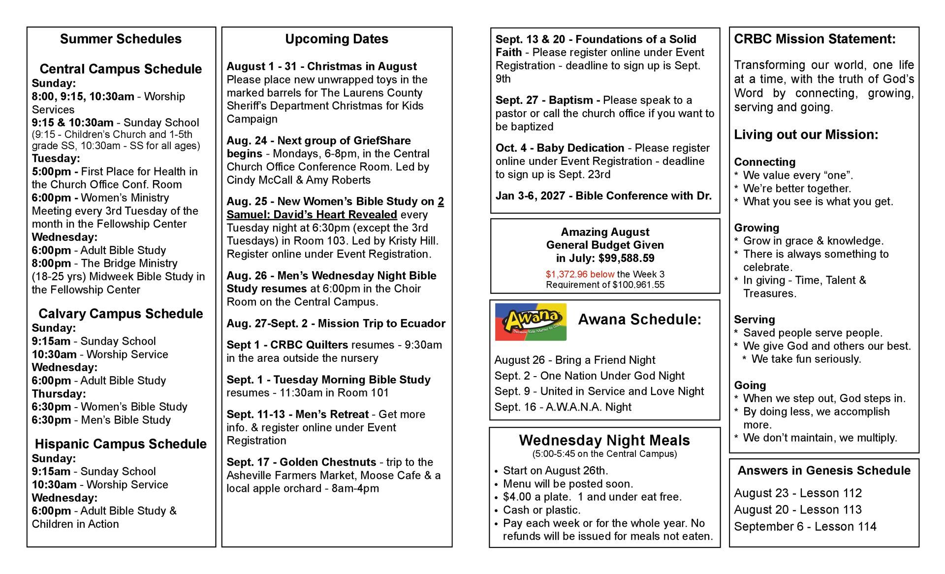 A brochure for a school with a summer event schedule.