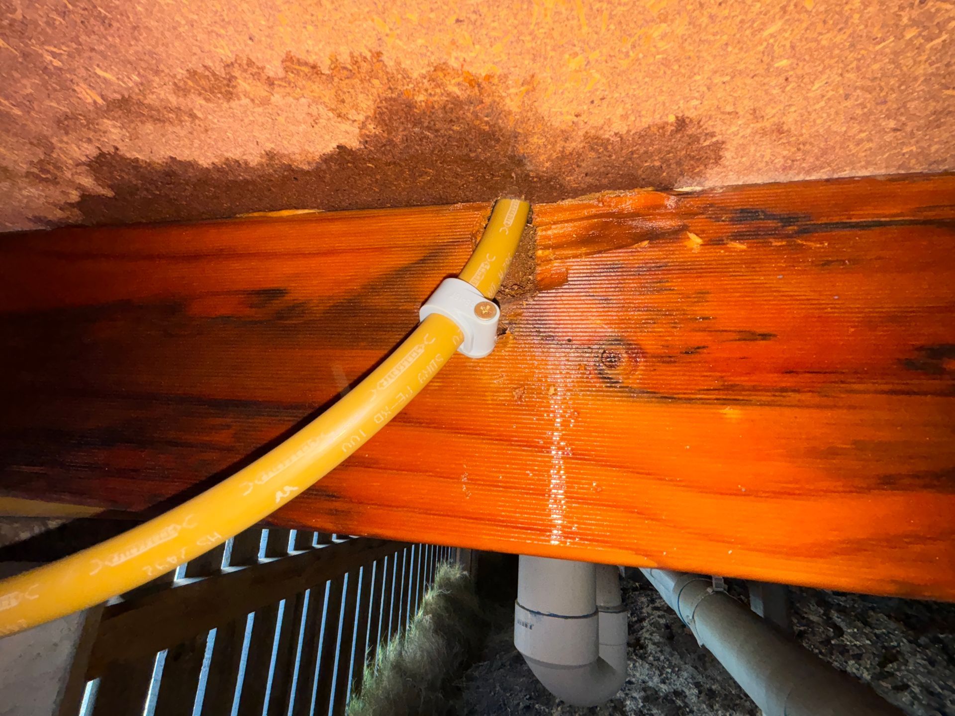 Yellow electrical wire clipped to wooden beam, water stains visible on wood and ceiling.