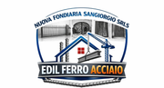Logo for Nuova Fonderia Sangiorgio SRLS, with a house and “Edil Ferro Acciaio” text in blue, gray, and orange