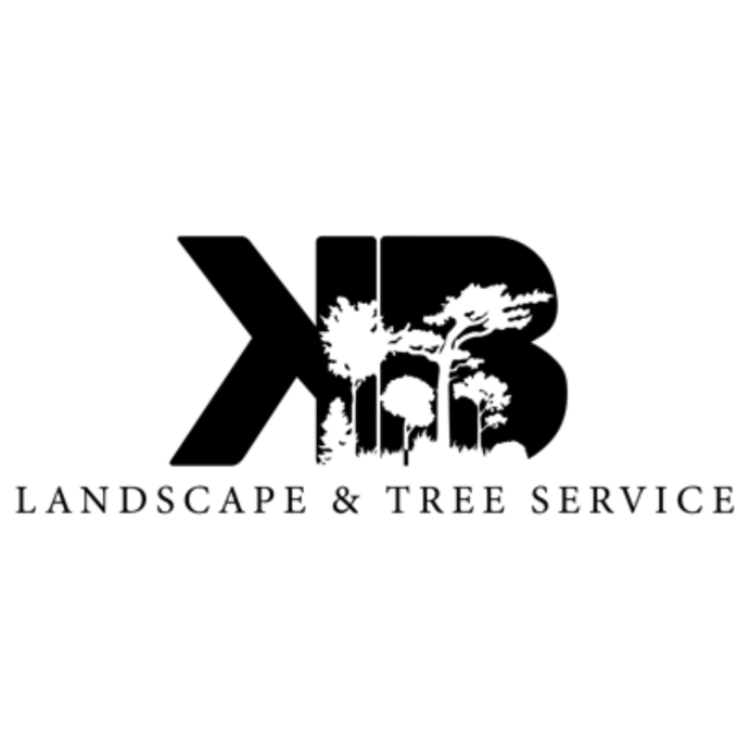 Black logo for KB Landscape & Tree Service featuring a silhouette of trees cut out from the letter B.